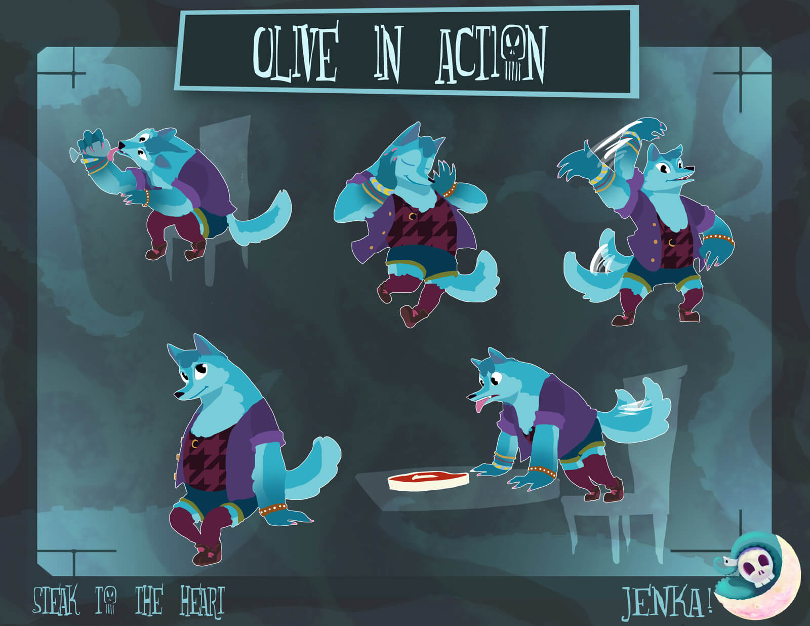 Designs of a blue werewolf in various action poses, such as waving, sitting, licking a cup, and panting