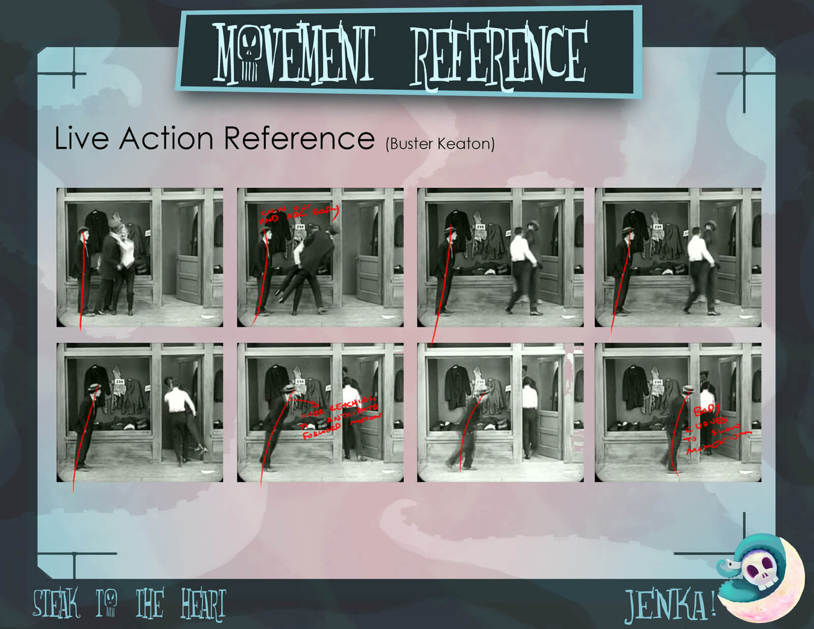 Movement Reference slide for the film Steak to the Heart, depicting 8 images from a Buster Keaton film as a reference