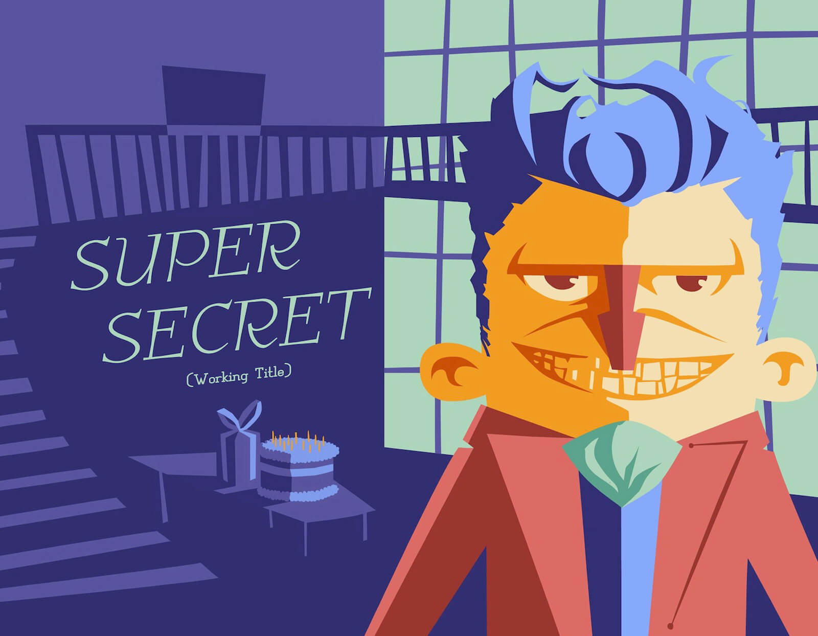 Title card for the film Super Secret with stylized portrait of a blue-haired man with a red suit standing by a birthday cake