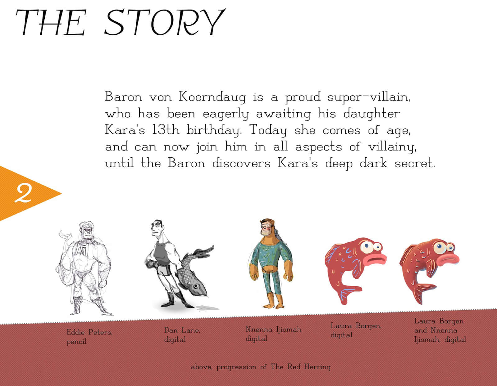 Credit and story slide for the film Super Secret, outlining the plot and concept art