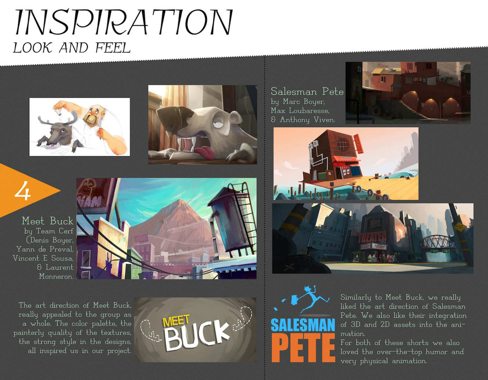 Look and feel inspiration slide for the film Super Secret, depicting reference art from Meet Buck and Salesman Pete