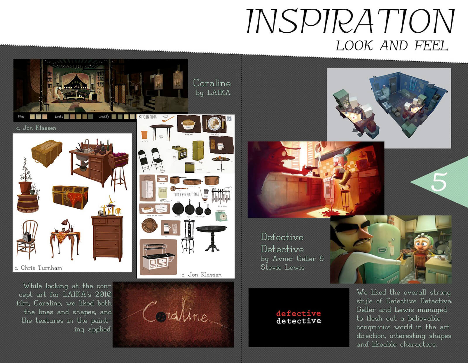 Look and feel inspiration slide for the film Super Secret, depicting reference art from Coraline and Defective Detective