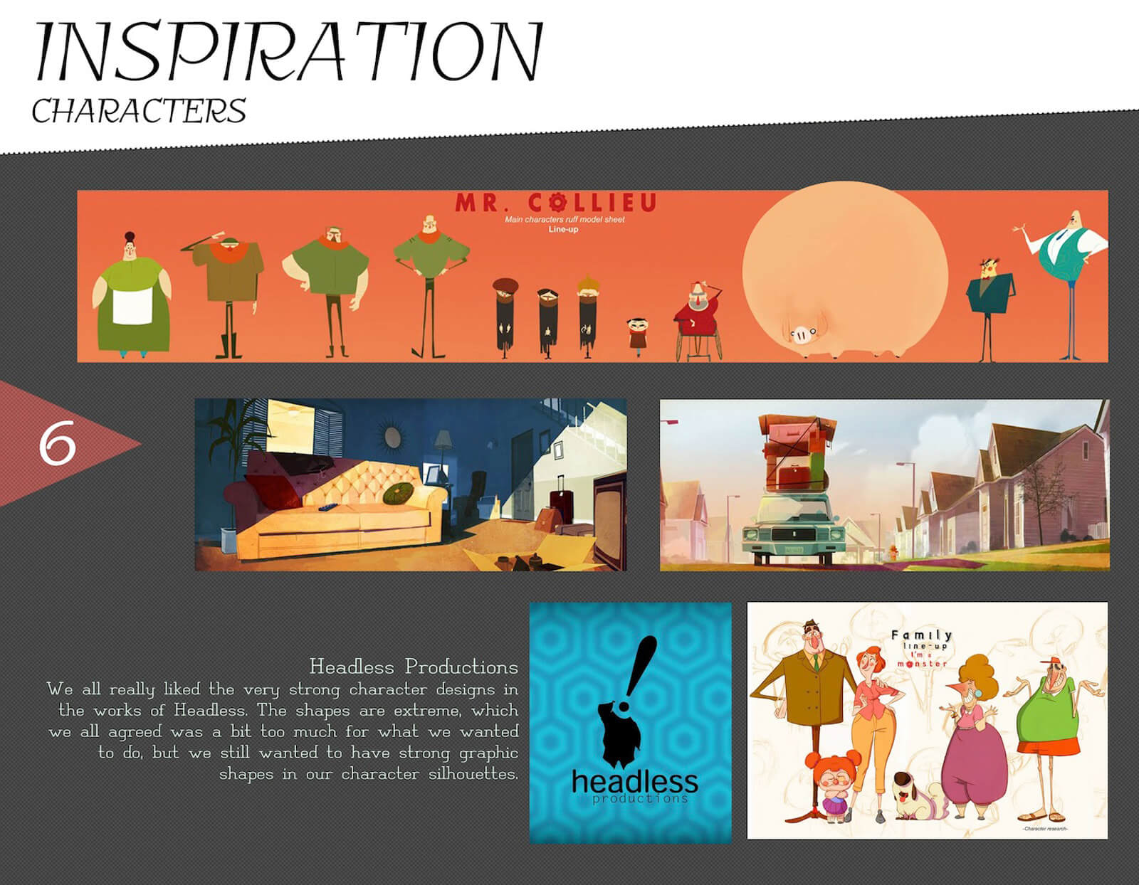 Character design inspiration slide for the film Super Secret, with reference art from Headless Productions