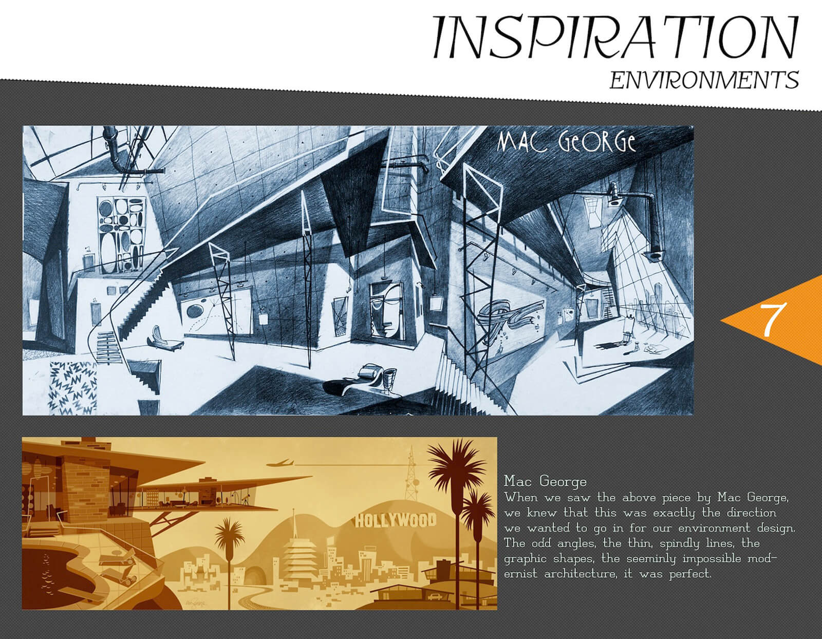 Environment inspiration slide for the film Super Secret, with stylized reference art by Mac George