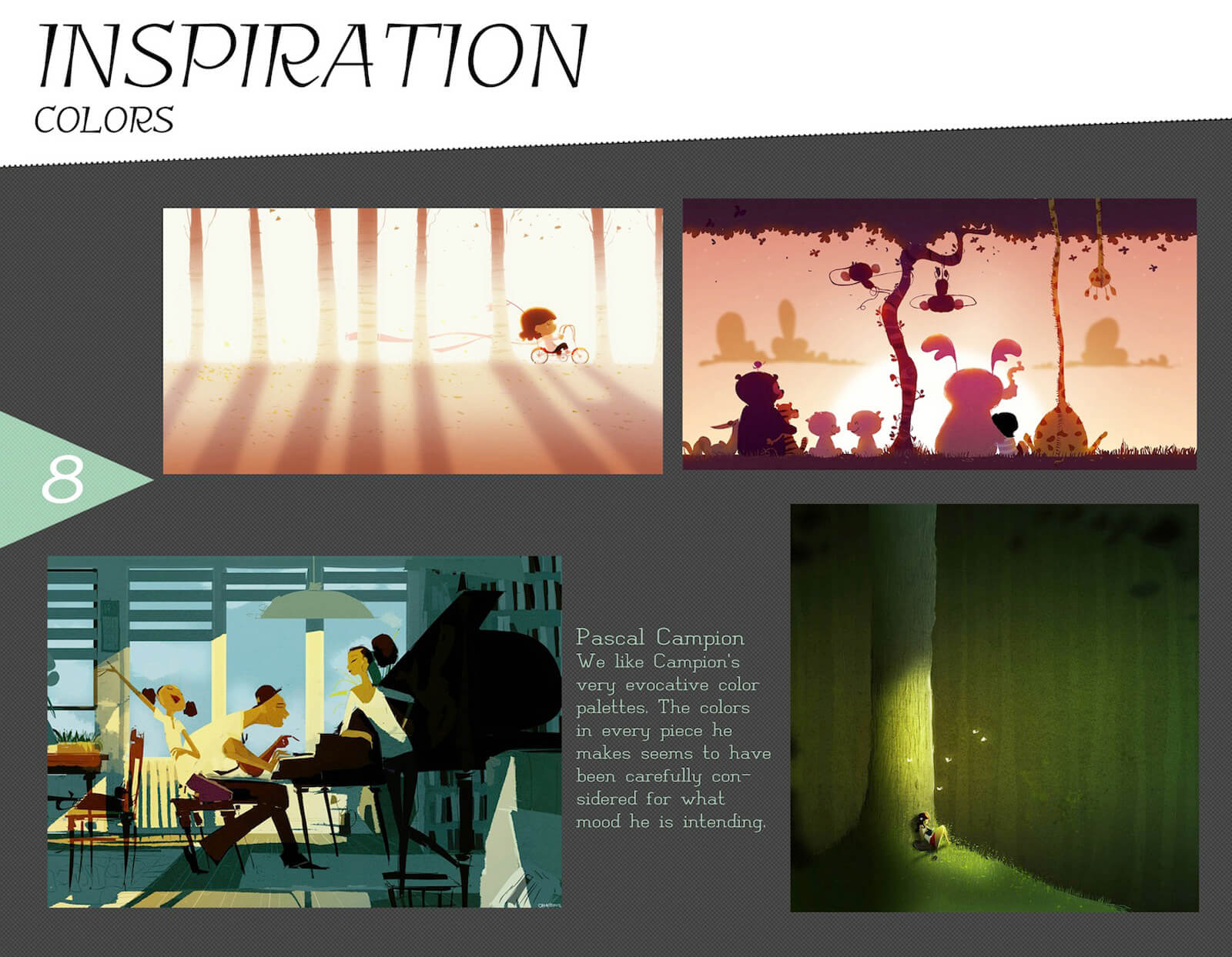 Color inspiration slide for the film Super Secret, with references highlighting the color and lighting of Pascal Campion art