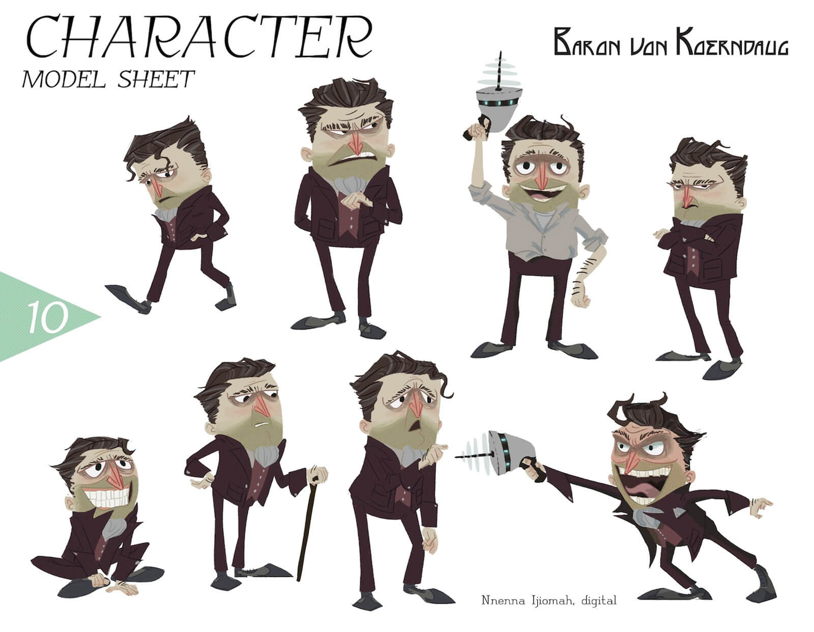 Model sheet for the character of Baron von Koerndaug, including actions and expressions from walking, sitting, sad, and angry