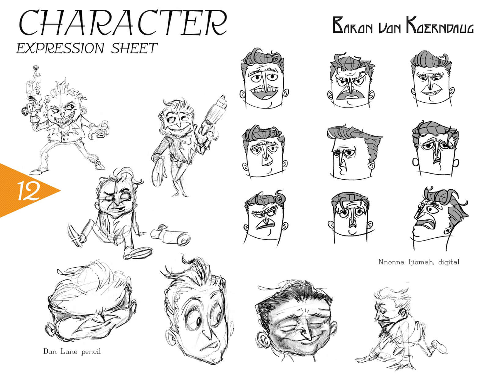Expression sheet for Baron von Koerndaug, depicting black-and-white sketches of anger, suspicion, sadness, and others