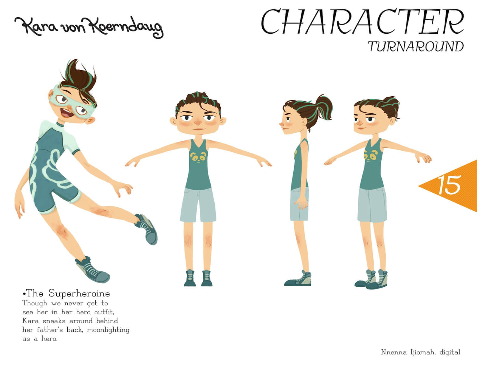 Character turnaround slide for Kara von Koerndaug, showing model from different angles and in superheroine dress