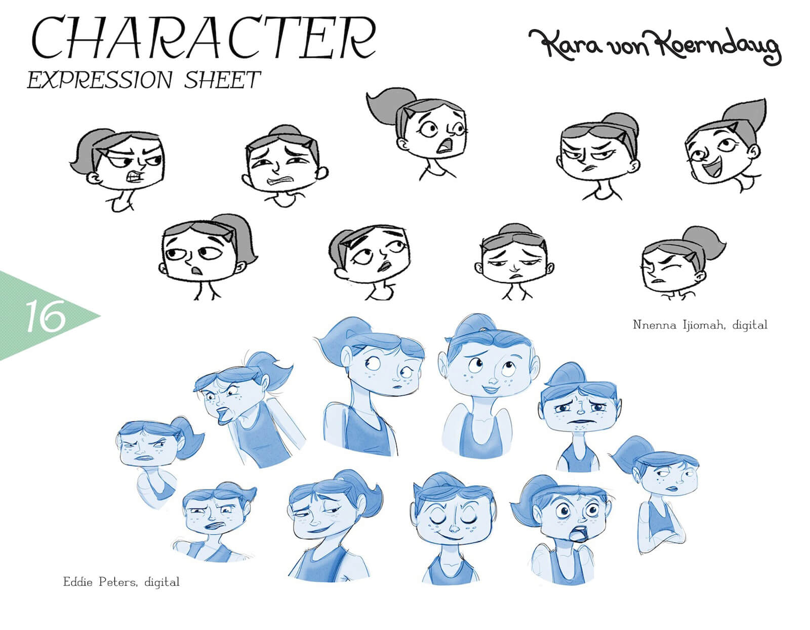 Expression sheet for Kara von Koerndaug, depicting black-and-white sketches of anger, sadness, smugness, and others
