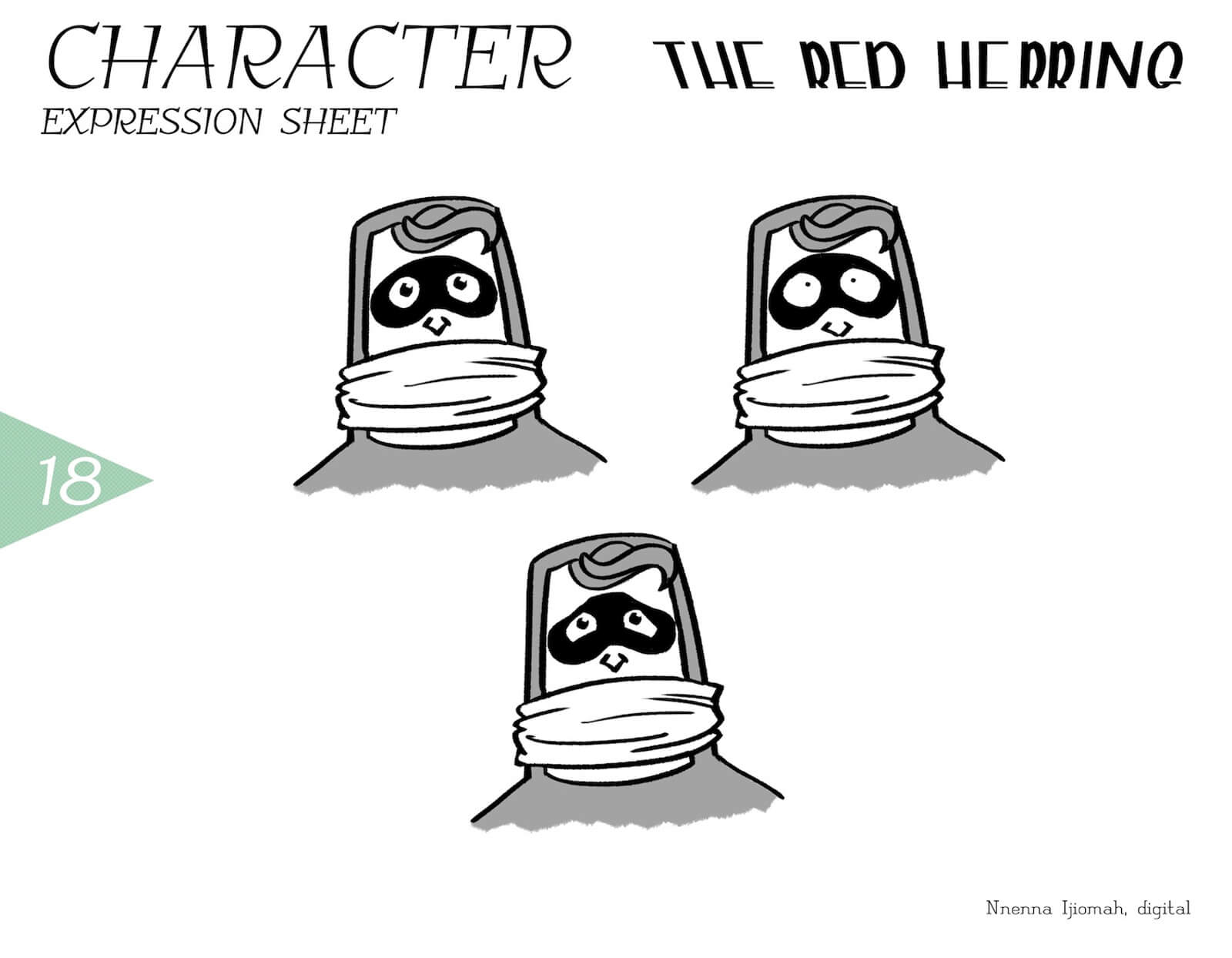 Expression sheet for The Red Herring, depicting black-and-white sketches of surprise and fear