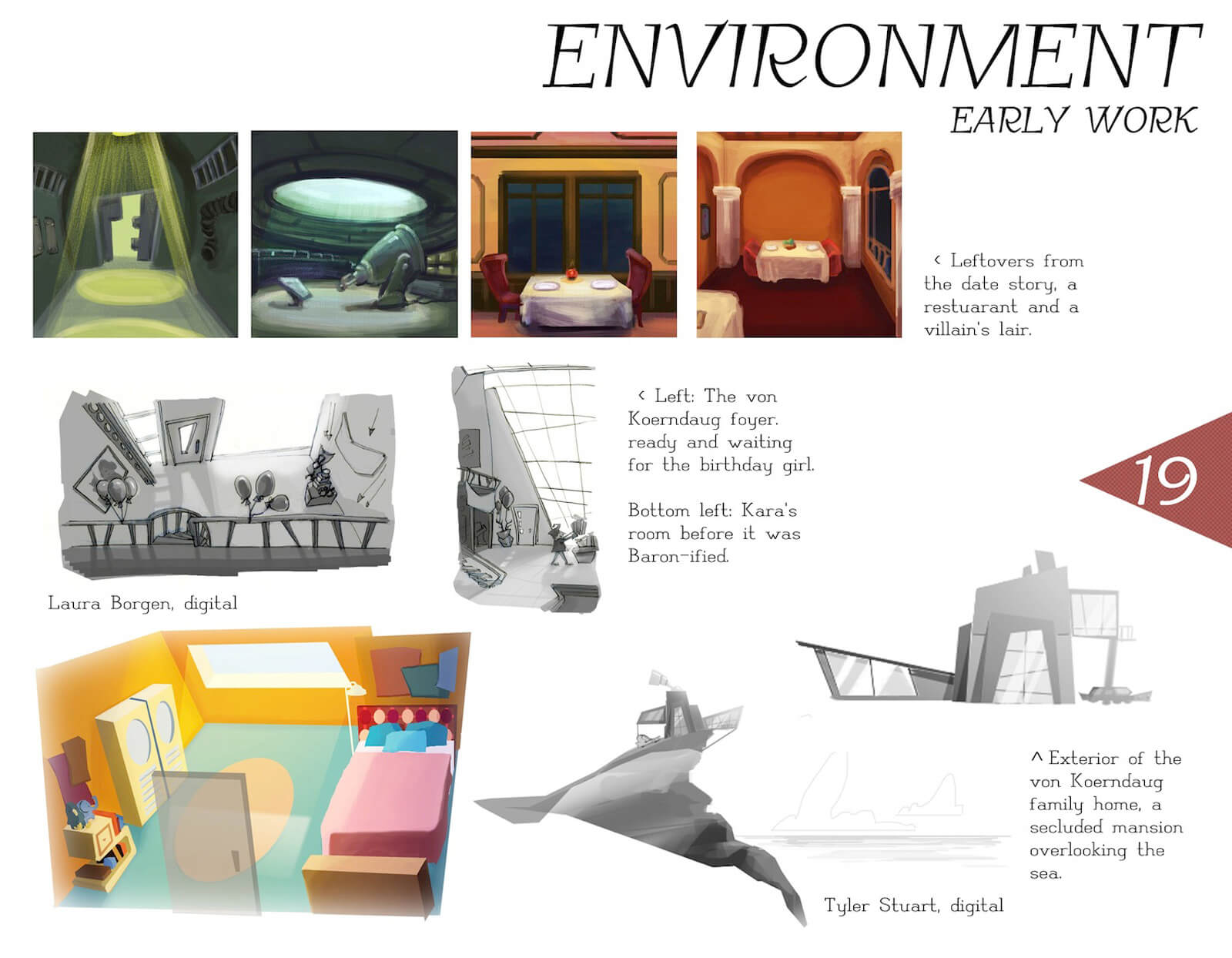 Early concept art of the environment in the film Super Secret, including unused restaurant and villain's lair settings