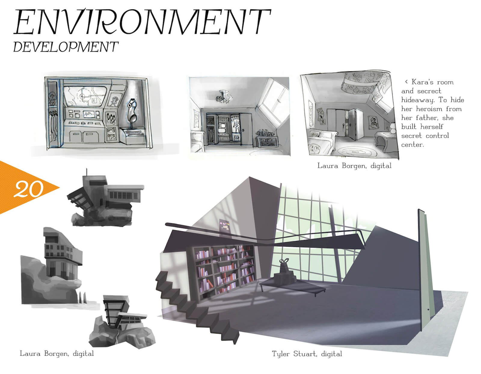 Development slide showing the progression of the loft apartment setting depicted in the film Super Secret