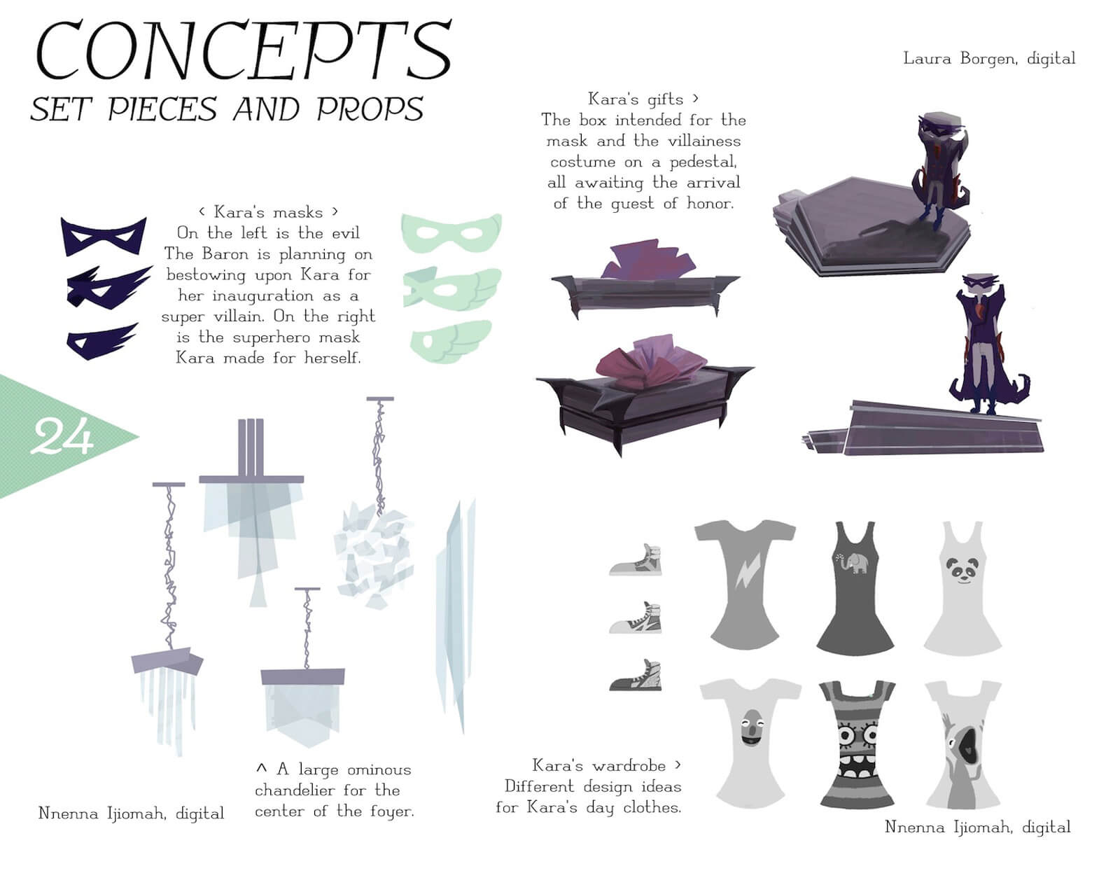Concept art of props in the film Super Secret including face masks, gift boxes, costumes, and chandeliers