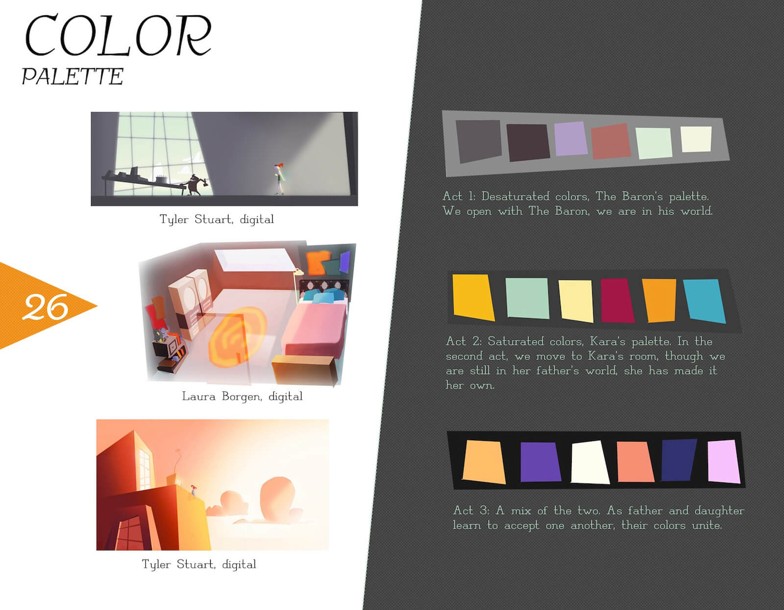 Color palette slide for the film Super Secret, including desaturated and saturated colors from different scenes