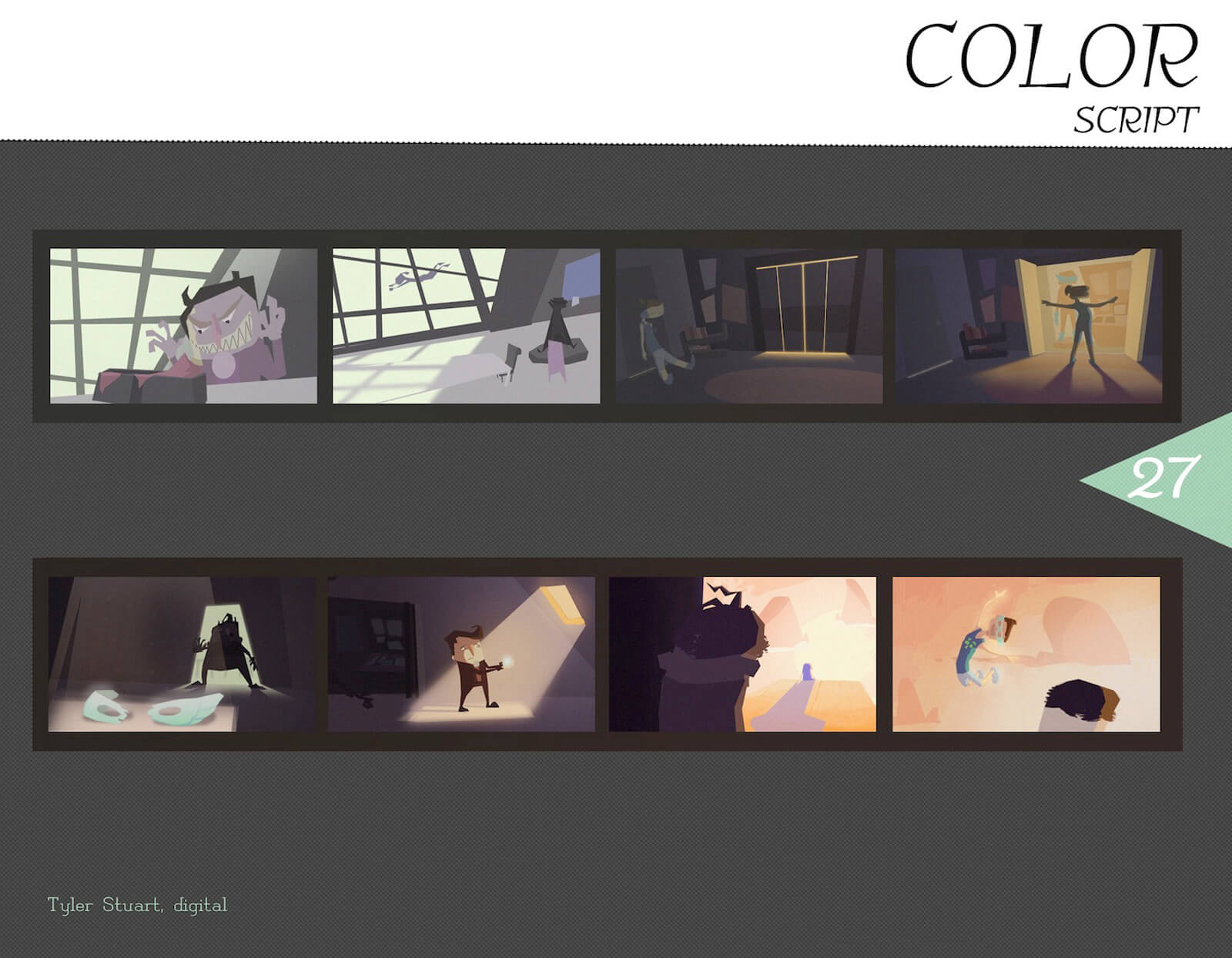 Color Script for the film Super Secret depicting 8 frames of the story from beginning to end