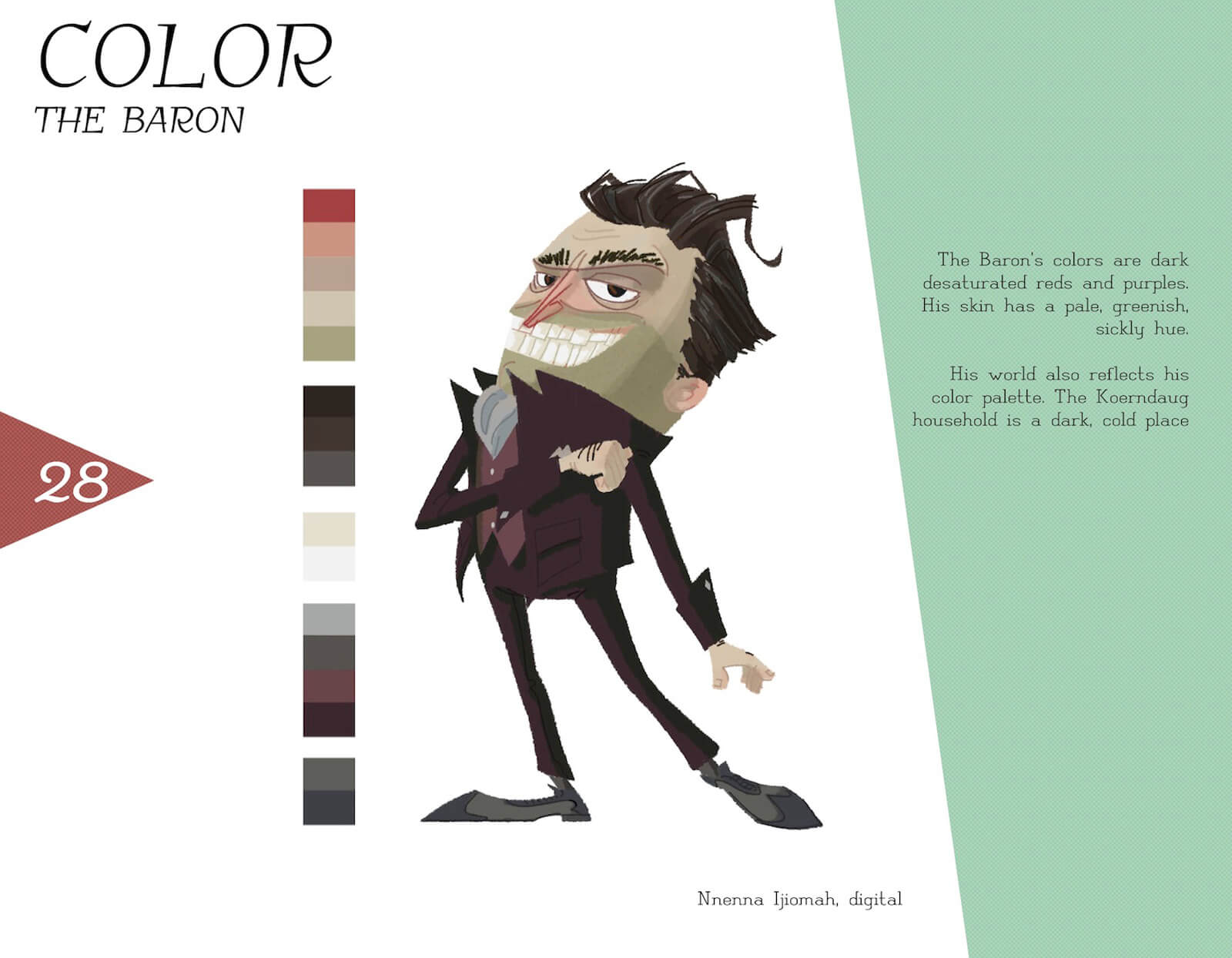 Color profile of the character Baron von Koerndaug, with a posing Baron in a maroon suit