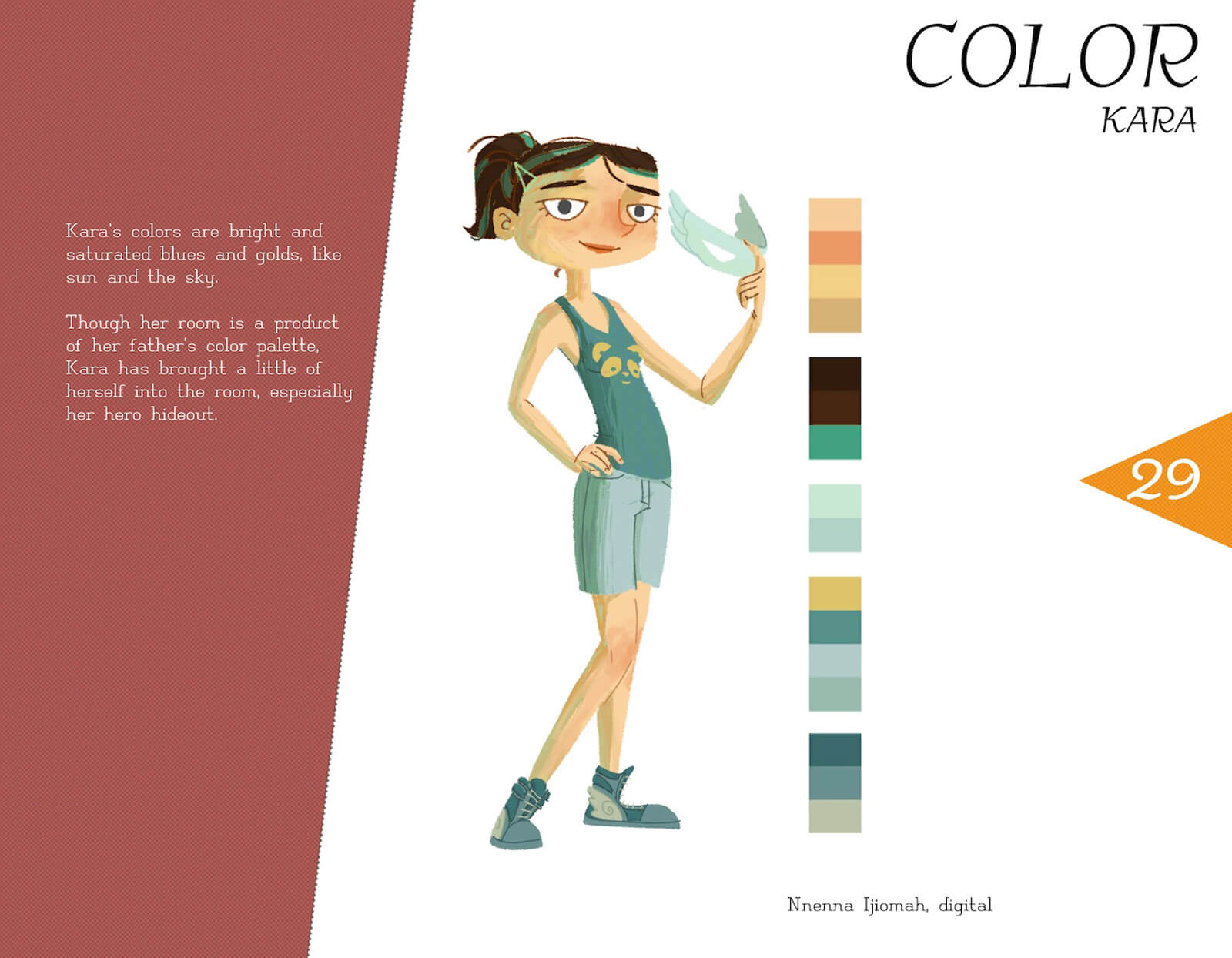 Color profile of the character Kara von Koerndaug, with a posing kara in a teal outfit, holding a light aqua mask