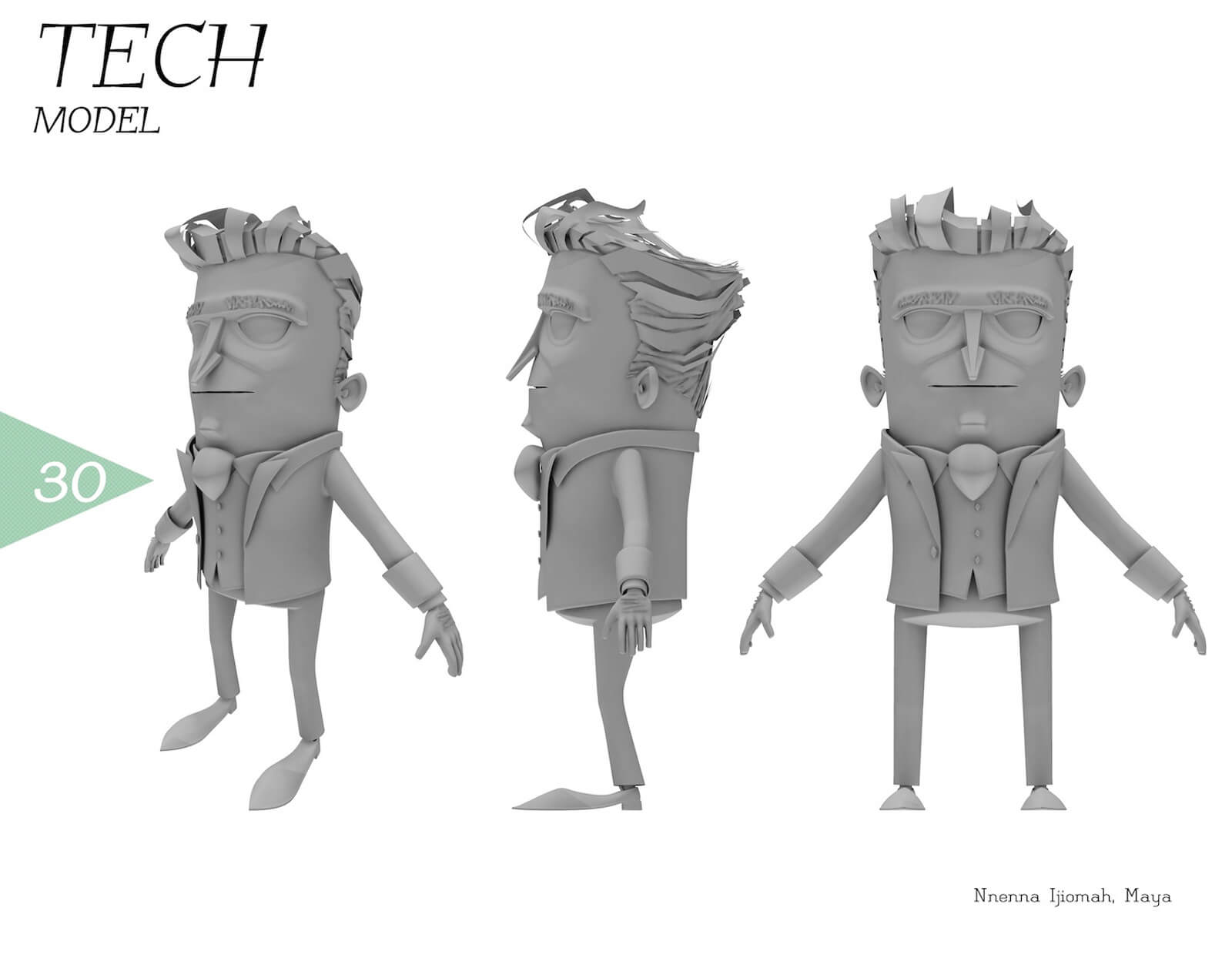 3D tech model of a man with a large head and wearing a suit from different angles. The color of the character is gray.