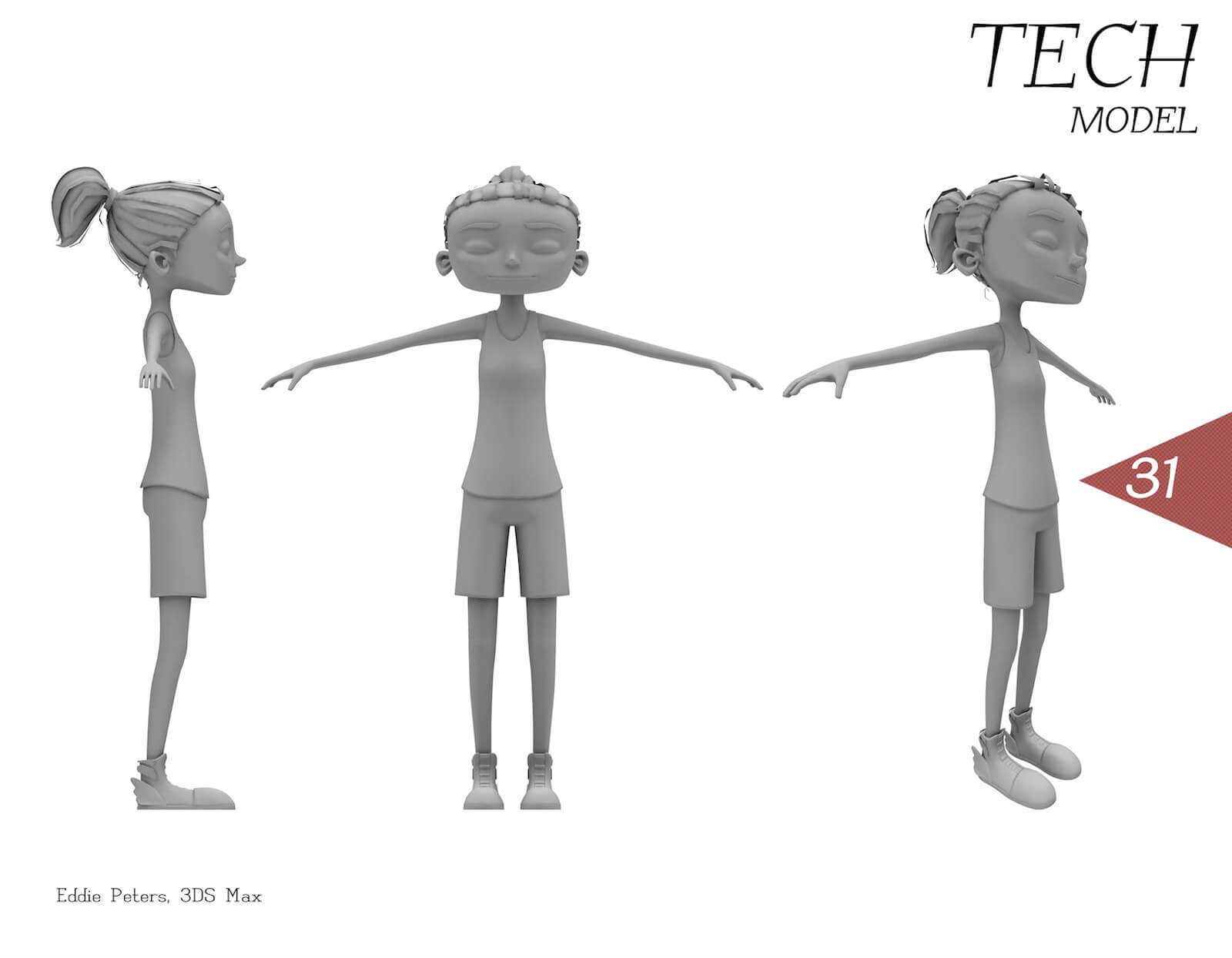 3D model of a girl with in a tank top and shorts from different angles. The color of the character is gray.