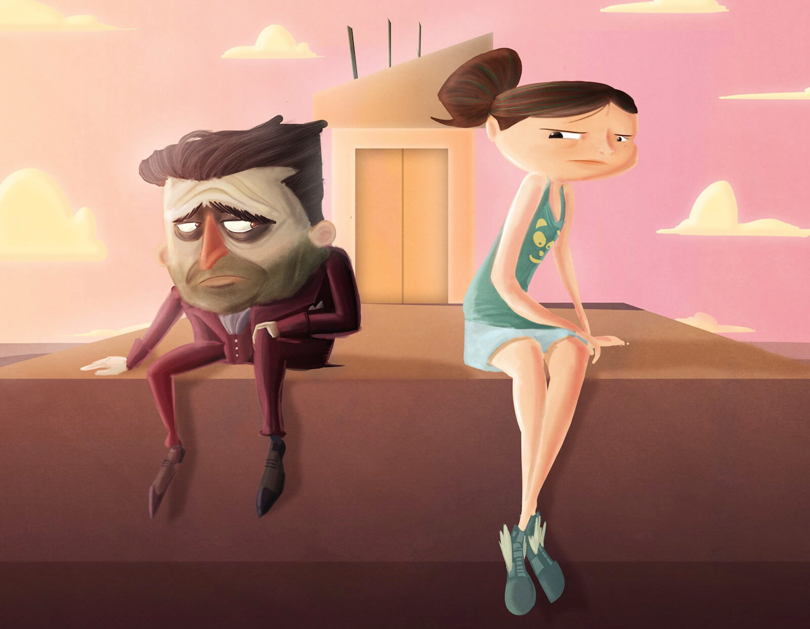 Concept art for the film Super Secret, a large-headed man in a maroon suit sits next to a taller girl in a teal tank top