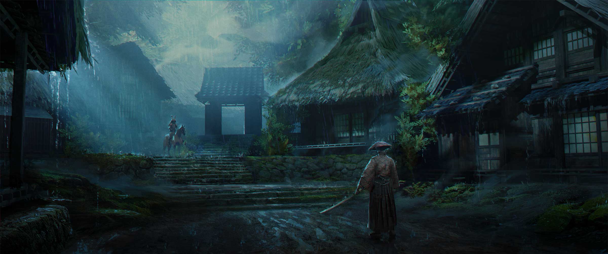 A showdown between two samurai in a dark village.