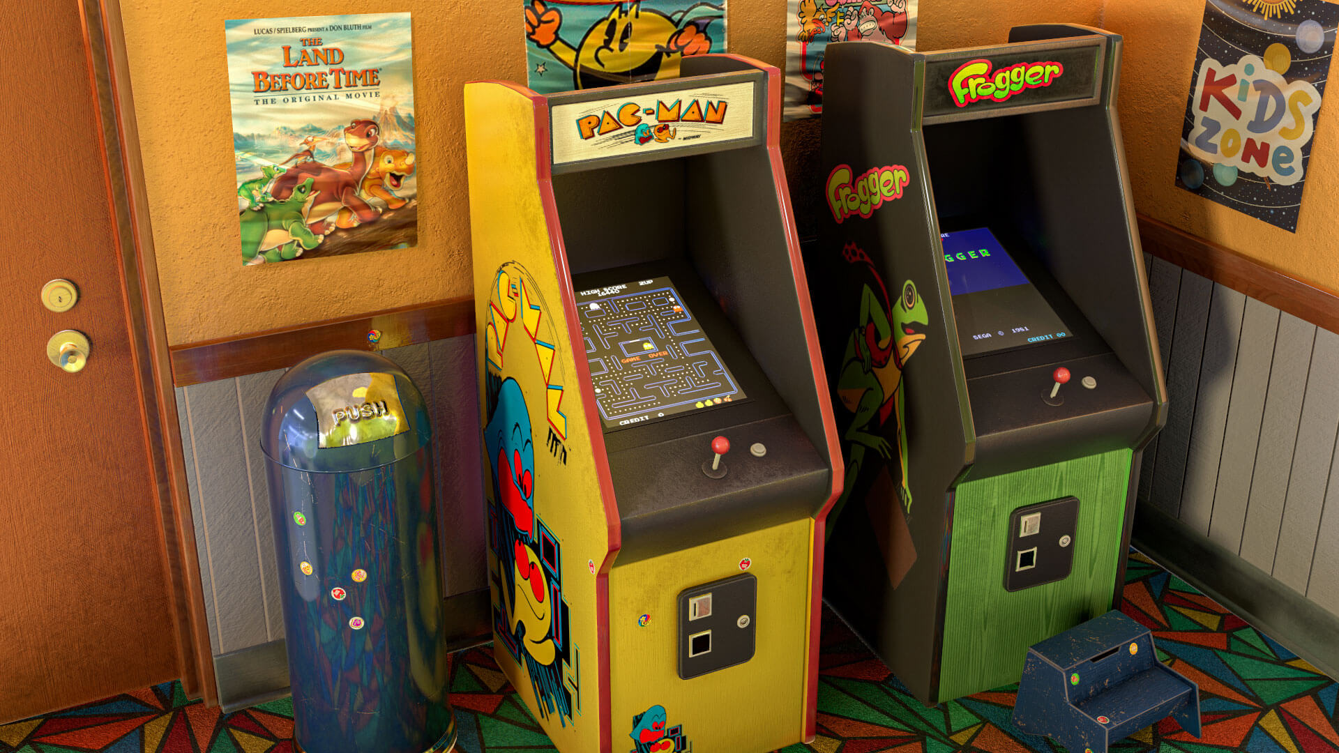 An arcade room containing Pac-Man and Frogger arcade machines.