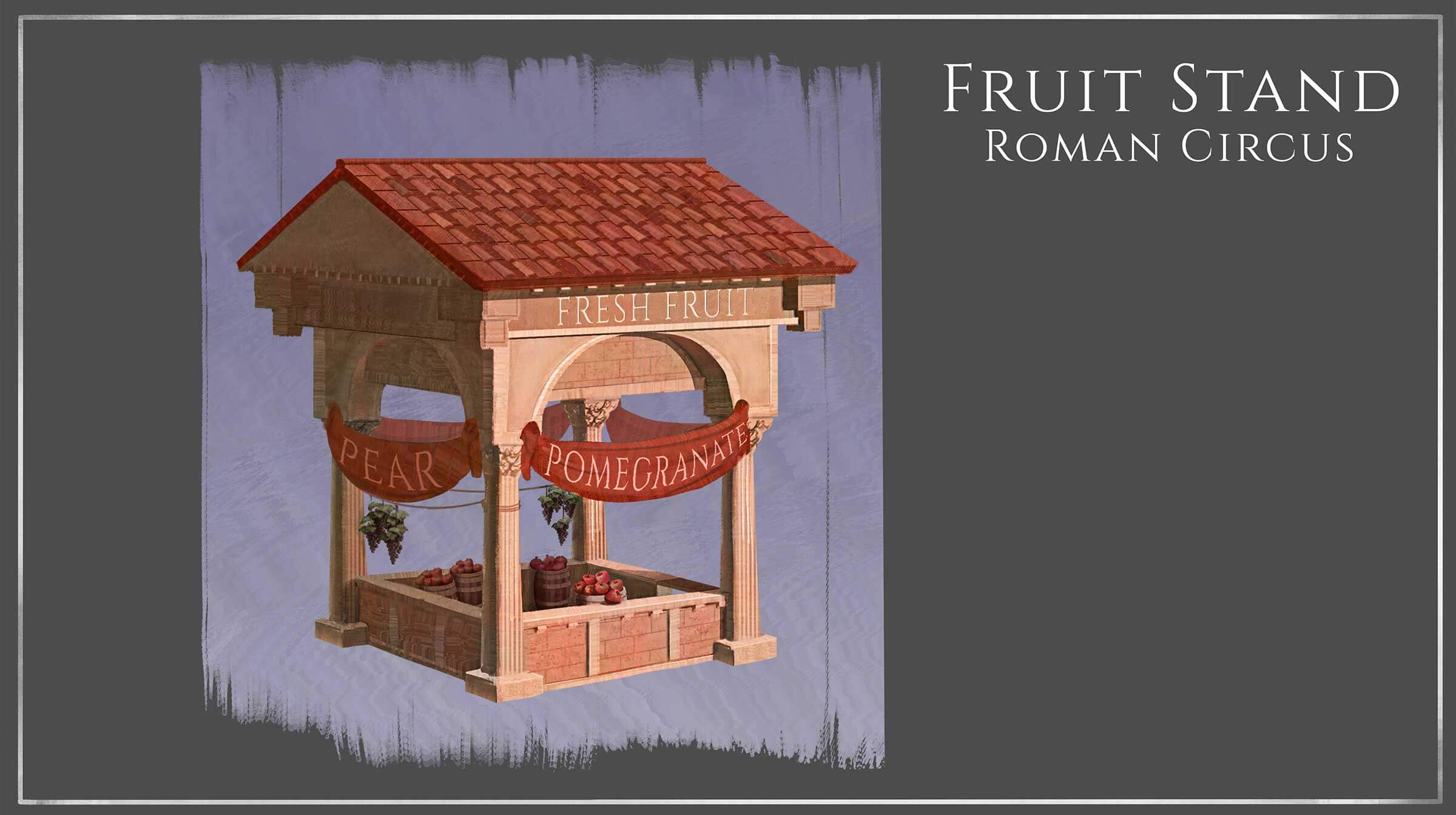 A fruit stand with Roman architecture.