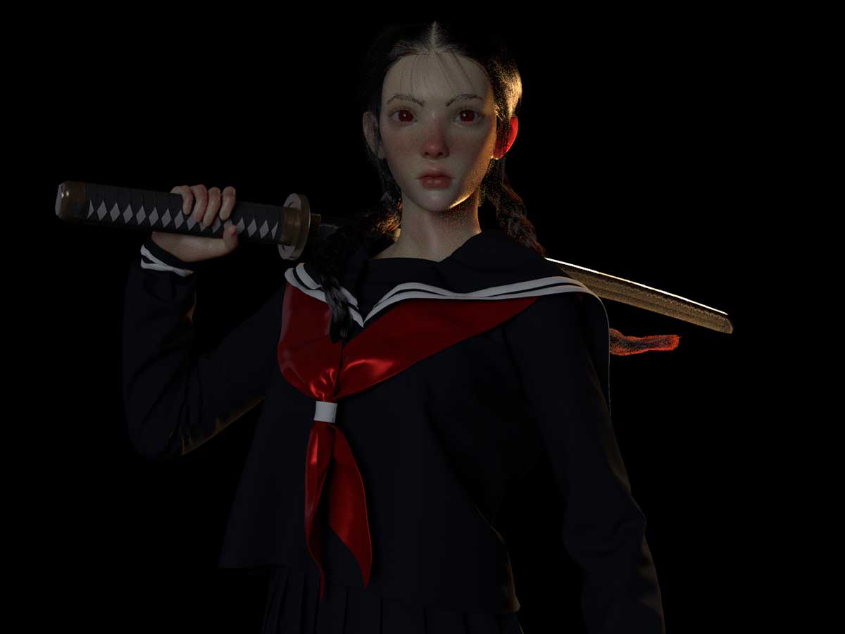 A girl in a uniform holding a katana.