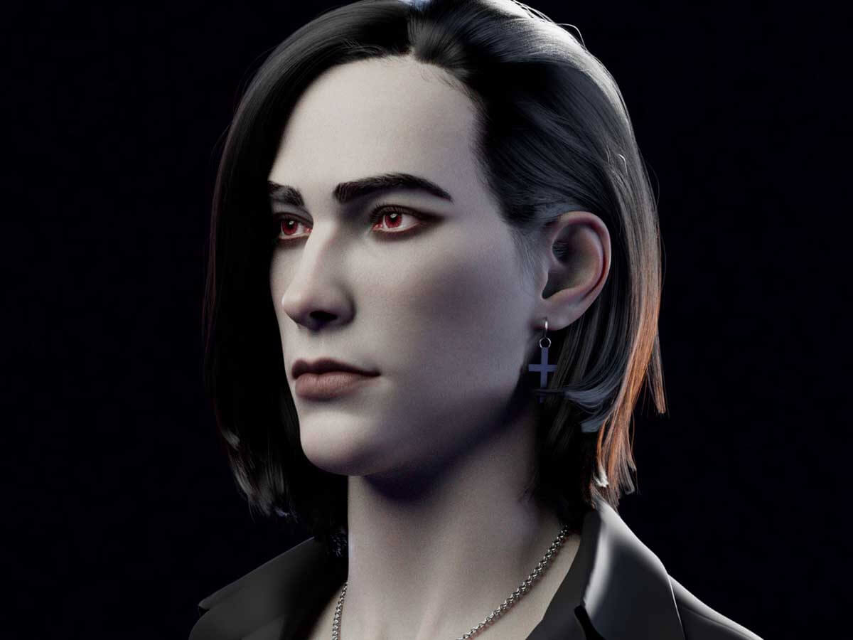 A pale-skinned character with red eyes resembling a vampire.