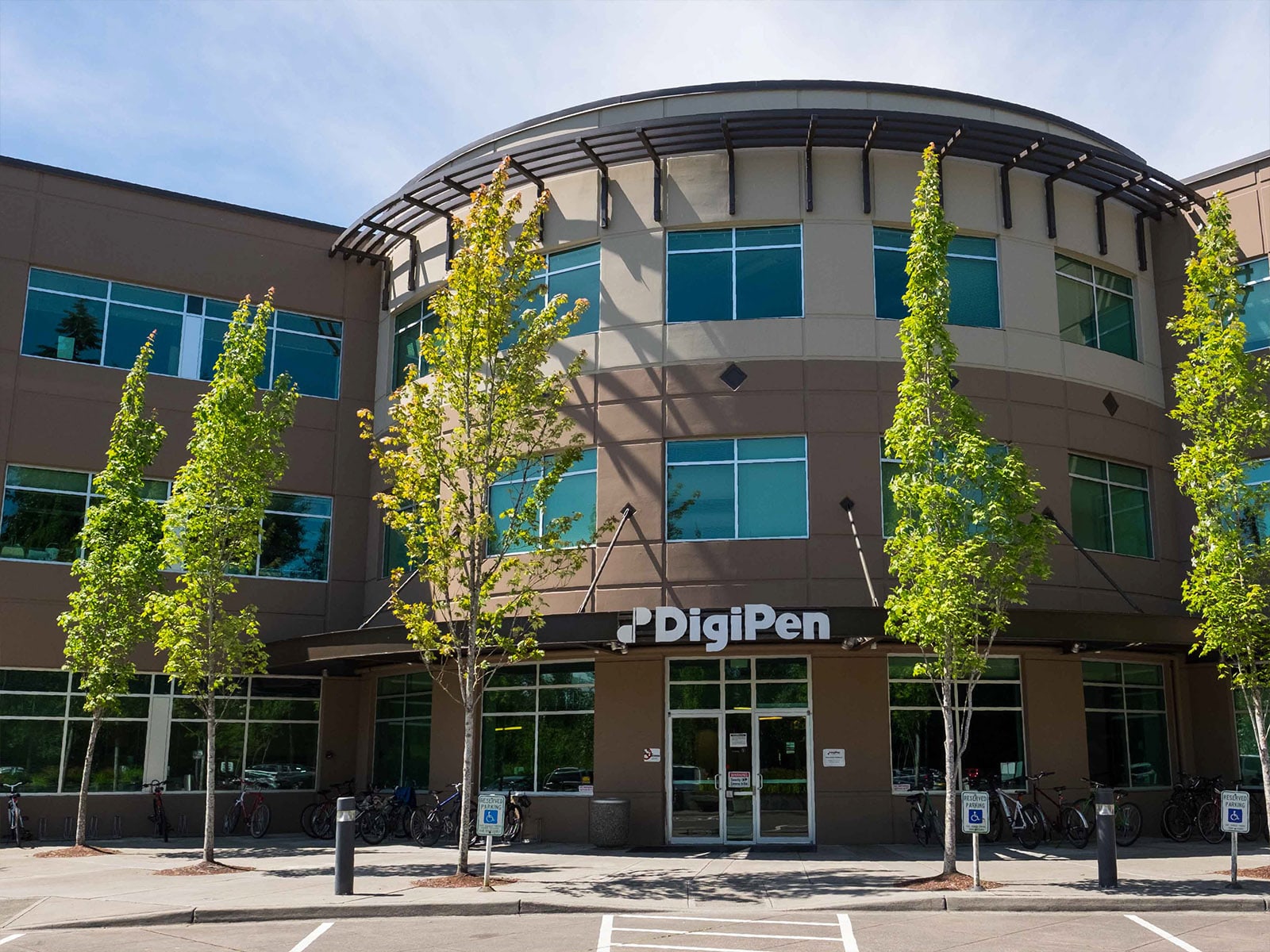 Photograph of the DigiPen building's main entrance taken at midday