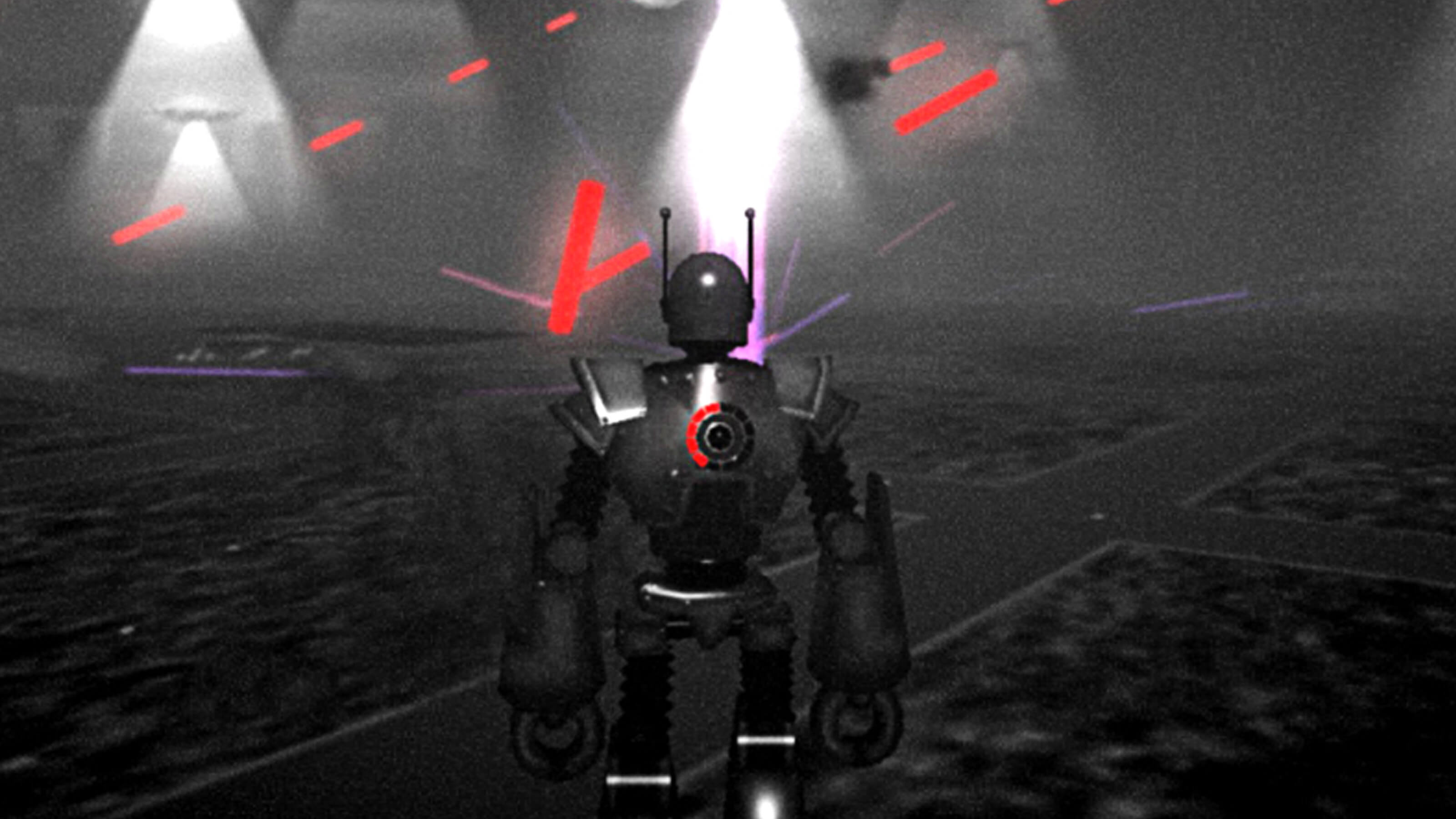 The backside of a large robot, red lazer beams firing in the distance. 