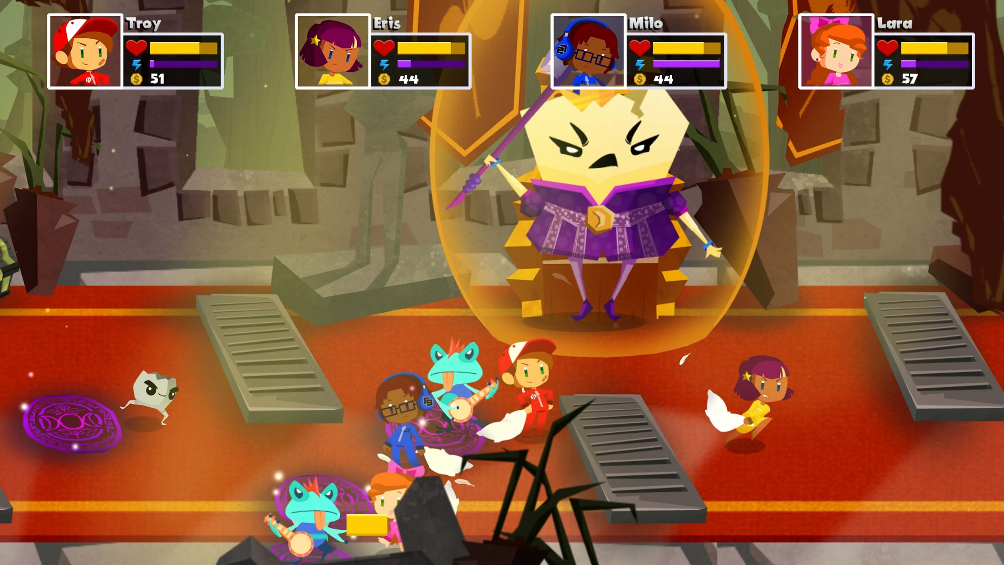 The four main characters battle with banjo wielding frogs and an evil egg shell. 