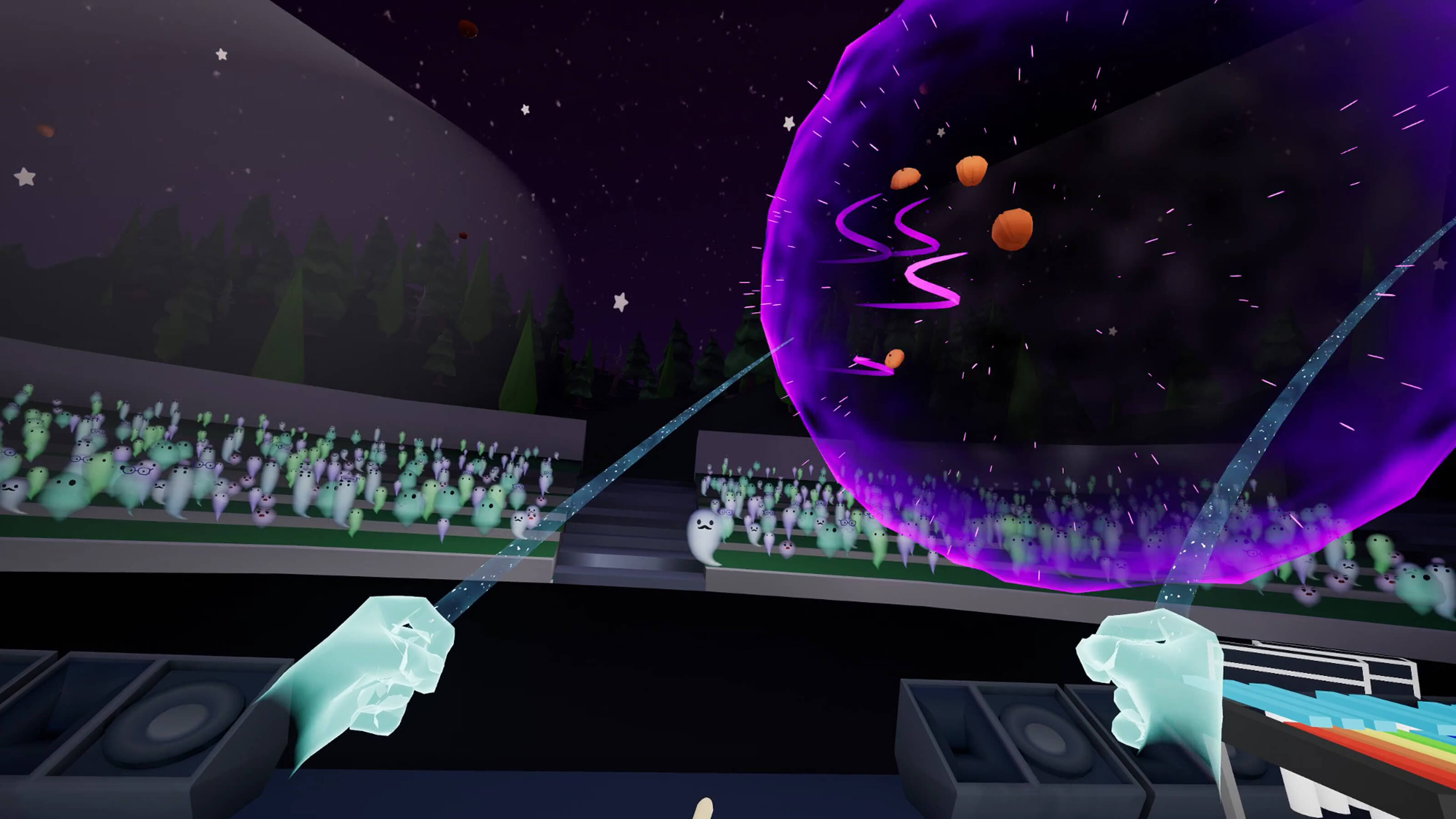 The players throws four pumpkins in a giant purple orb across a crowd of ghosts in an amphitheater.