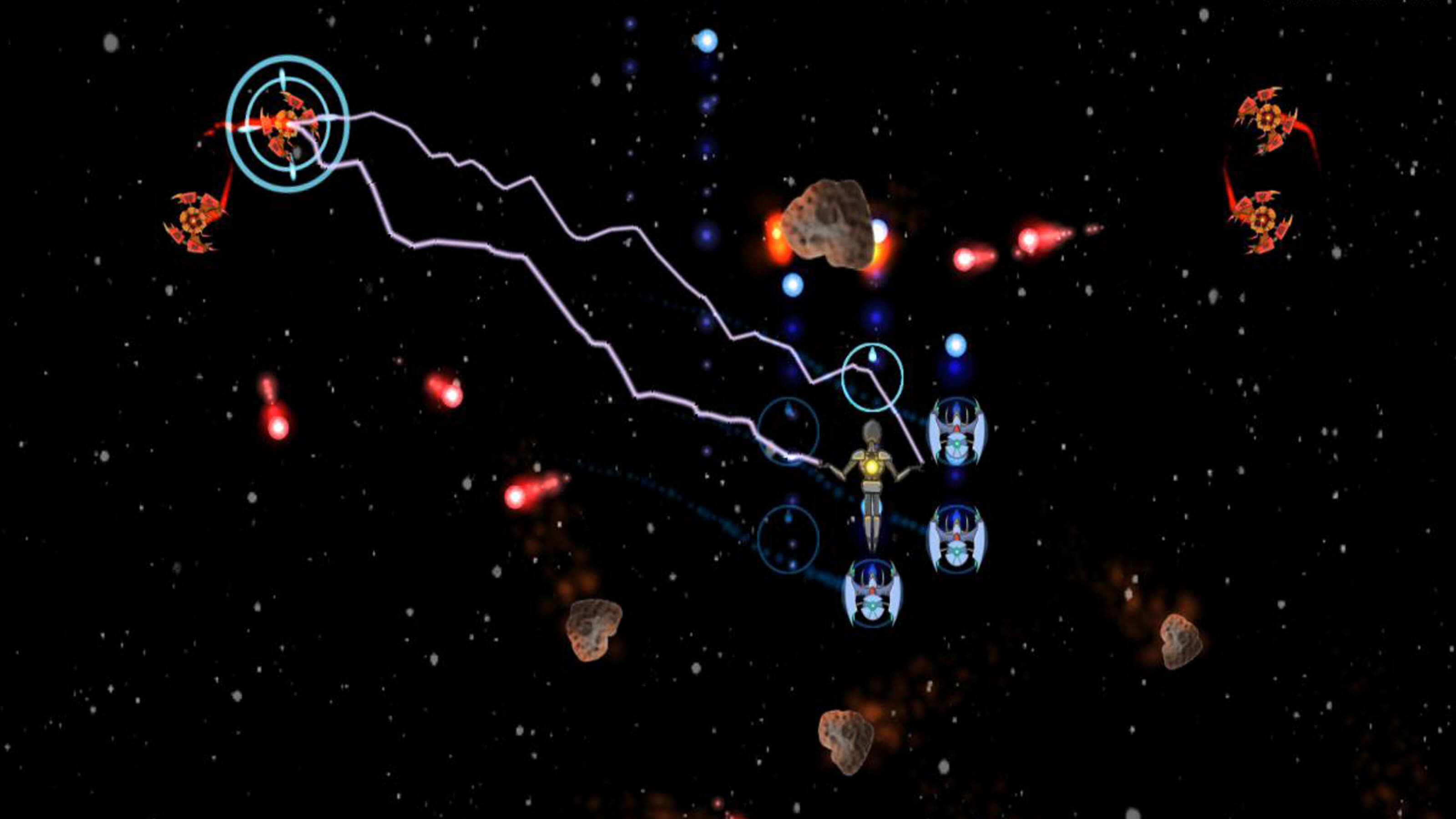 A humanoid controlling six enemy ships using their firepower against a larger version of those same enemy ships.