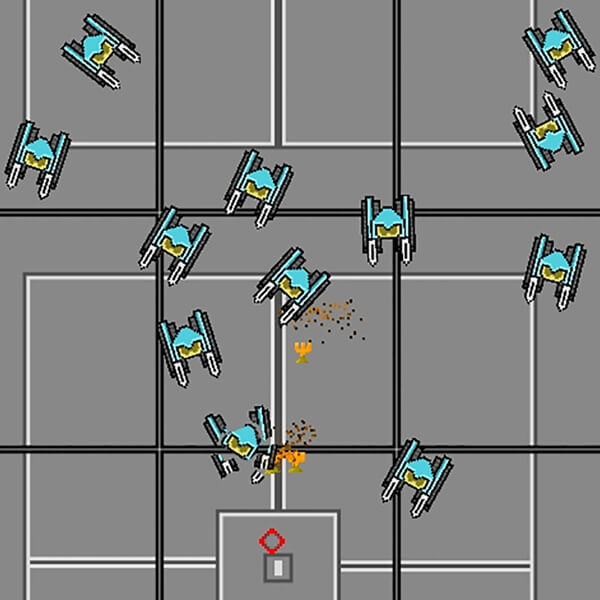 A wave of robots attacks the player.