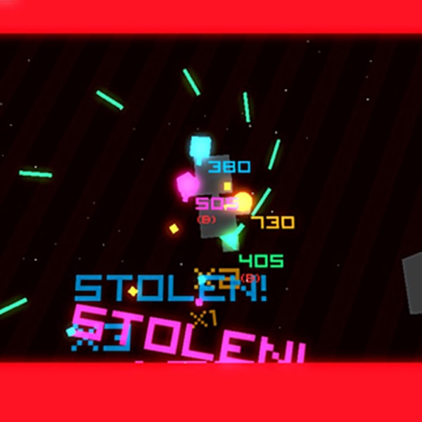 A blocky spaceship shoots beams in a spiral.