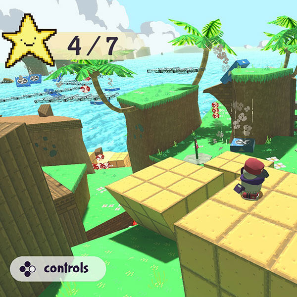 A short robot man looks at the landscape filled with blocks, palm trees, and floating obstacles