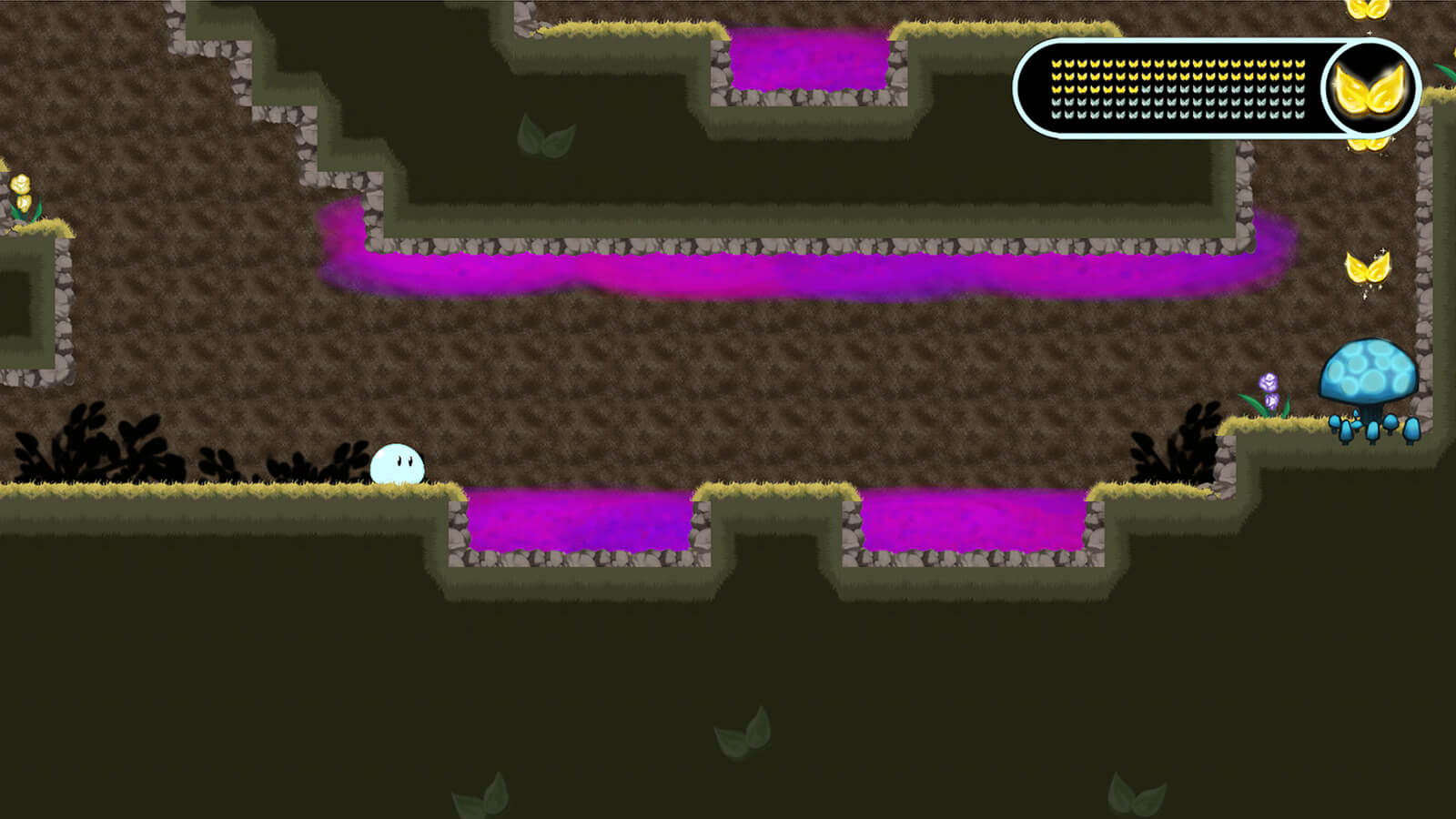 A round slime character in an underground tunnel, faced with pits of deadly pink goop on the floor and ceiling.