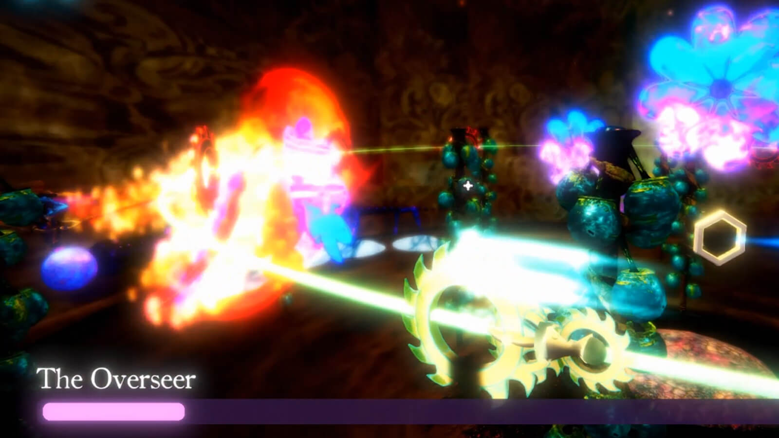 Two beams shoot towards a fiery explosion as Aftermoor protagonist Diti battles the game's final boss, The Oversser. 