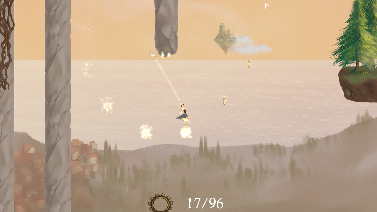 Alatheia swings over storm clouds discharging lightning with her grappling hook. 