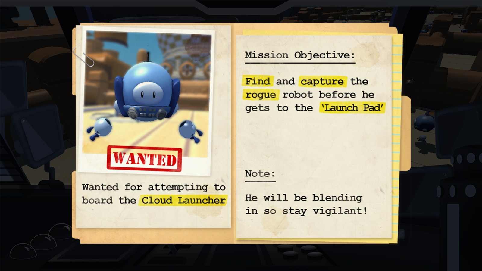A folder containing a paper-clipped photo of a blue robot with the word "WANTED" stamped in red below it.