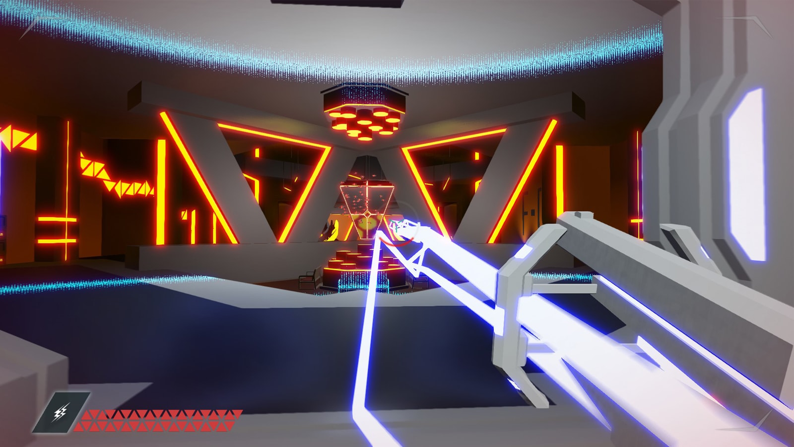 The player shoots a blue beam from their grey gun at a triangular opening in a futuristic interior. 