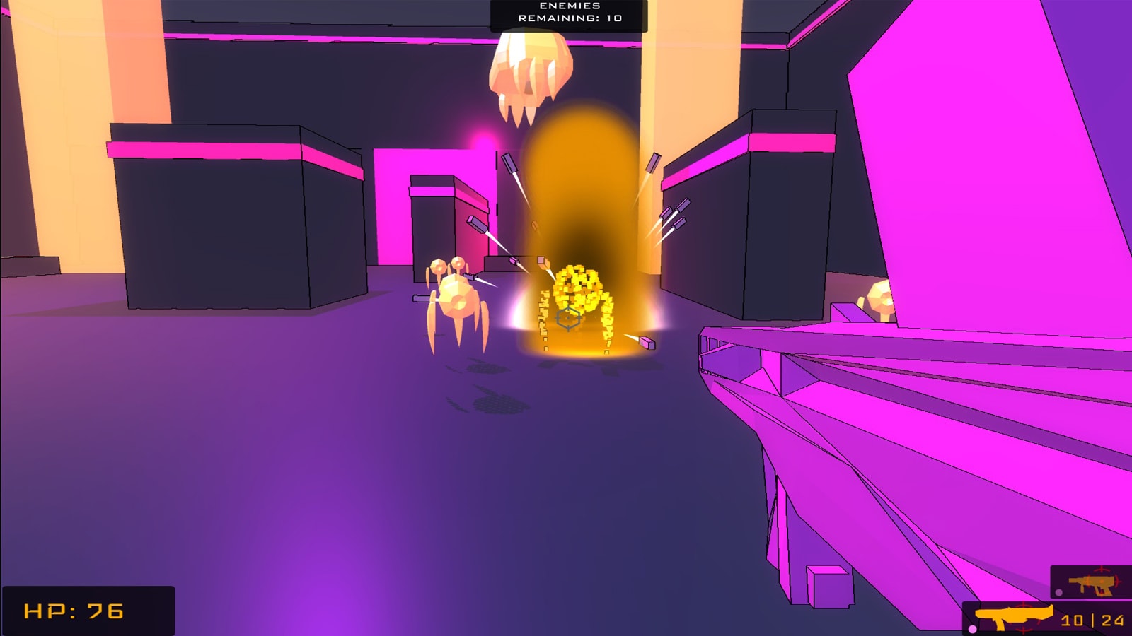 The player shoots a purple burst at an anti-virus, disintegrating it into small particles. 