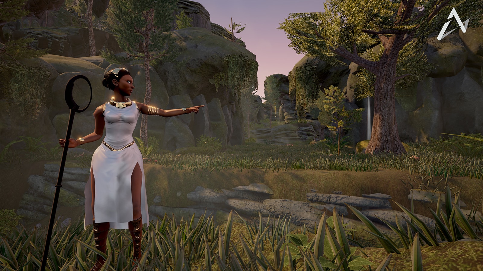 A woman wearing a flowing white dress with golden jewelry holds a staff and points down a sylvan pathway. 