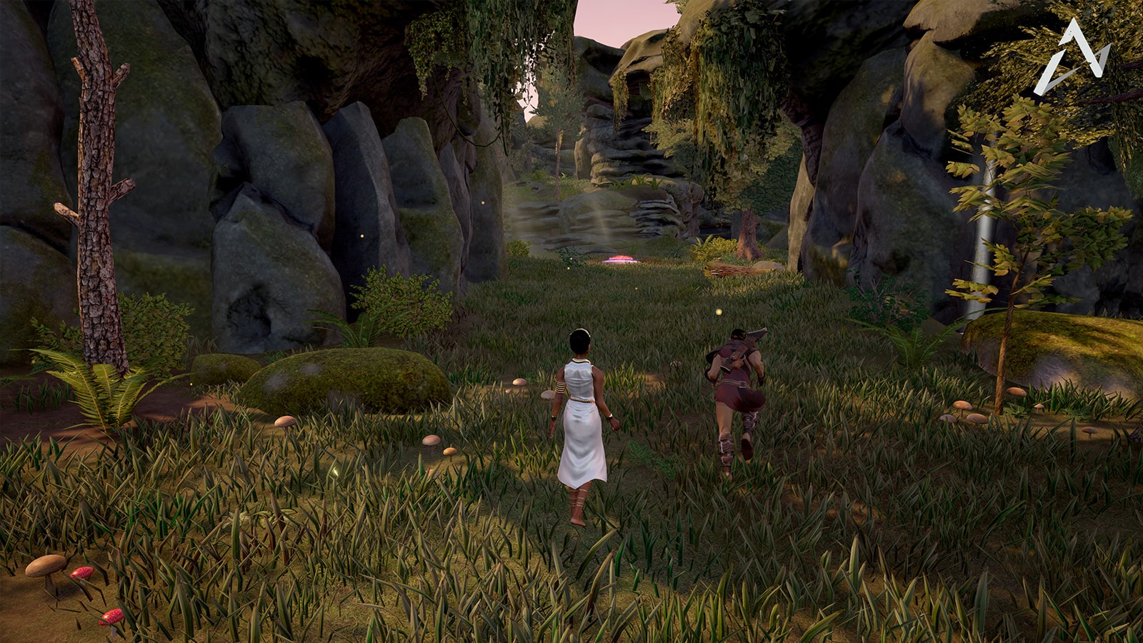 A woman in a white dress follows behind Orion as he begins to run down a sylvan pathway. 