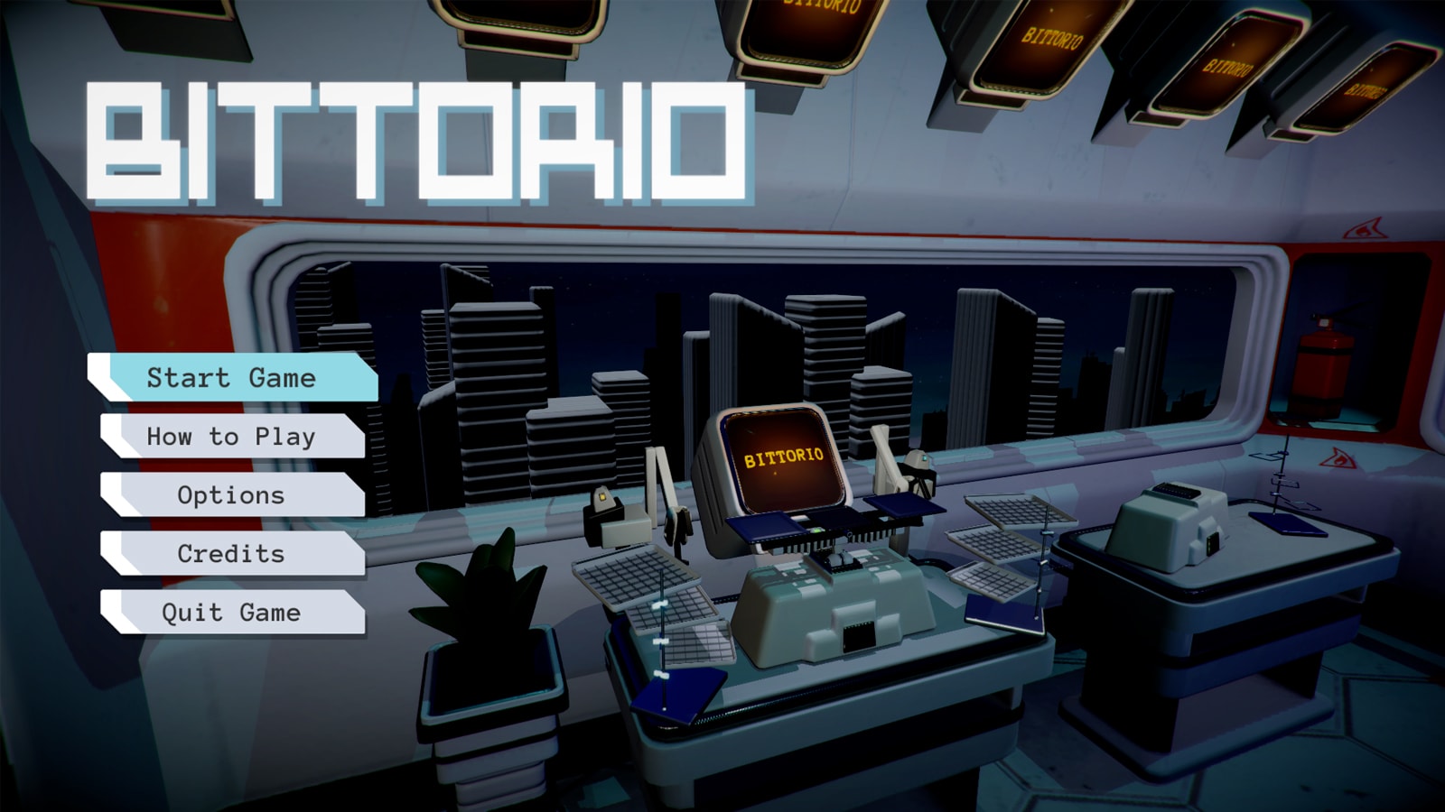 A computer with the word "BITTORIO" on it, surrounded by two robot arms and a series of gridded trays, menu to the left.