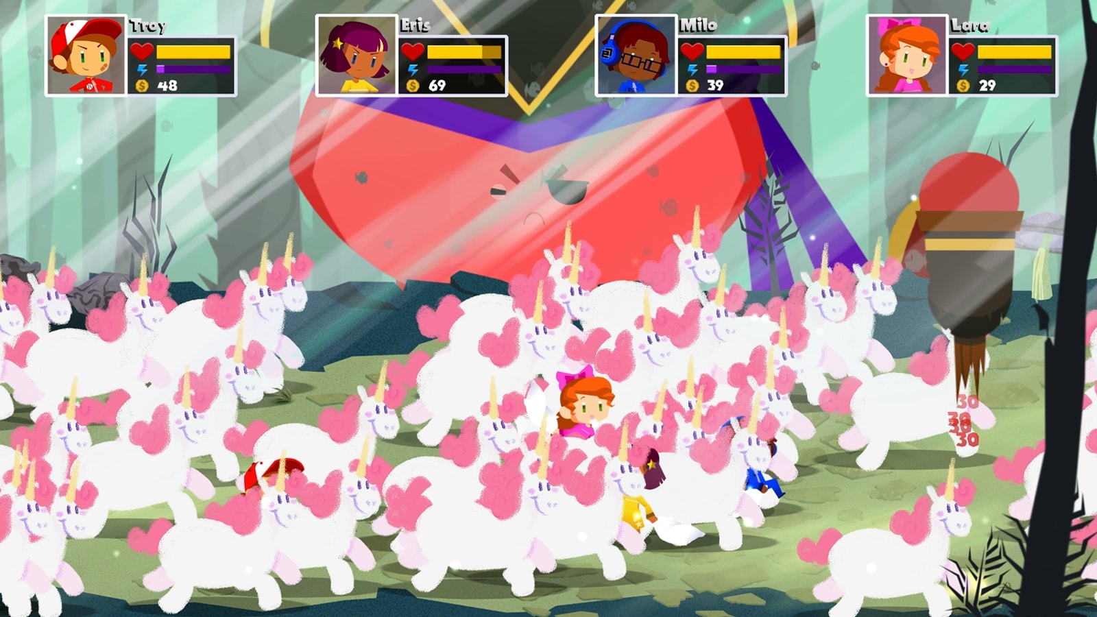 A herd of cute unicorns envelops Book of Dreams' main characters.
