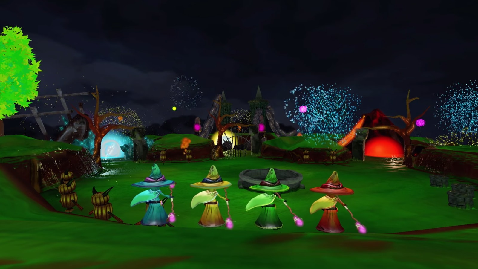 A blue, yellow, green and red wizard stand in a green field as fireworks go off in the distance. 