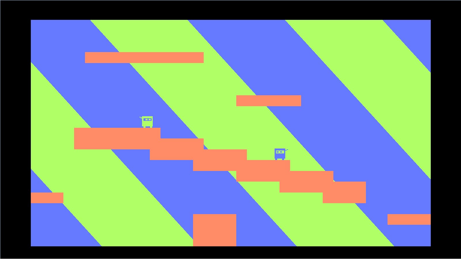 Two square green and blue ninjas face each other on a peach colored zig-zagging platform.