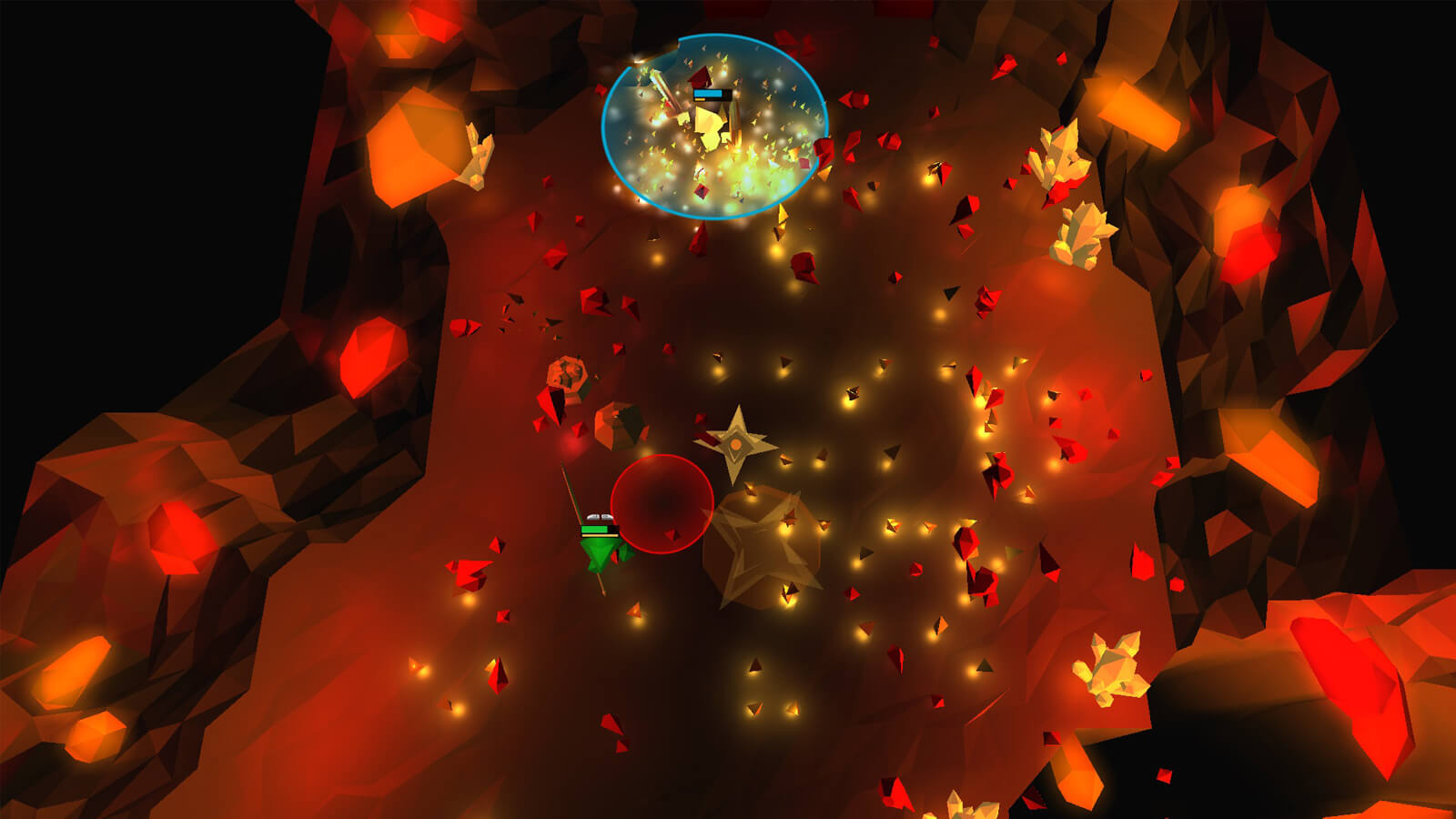 A green and yellow player fight in a red cavern full of crystal shards. 